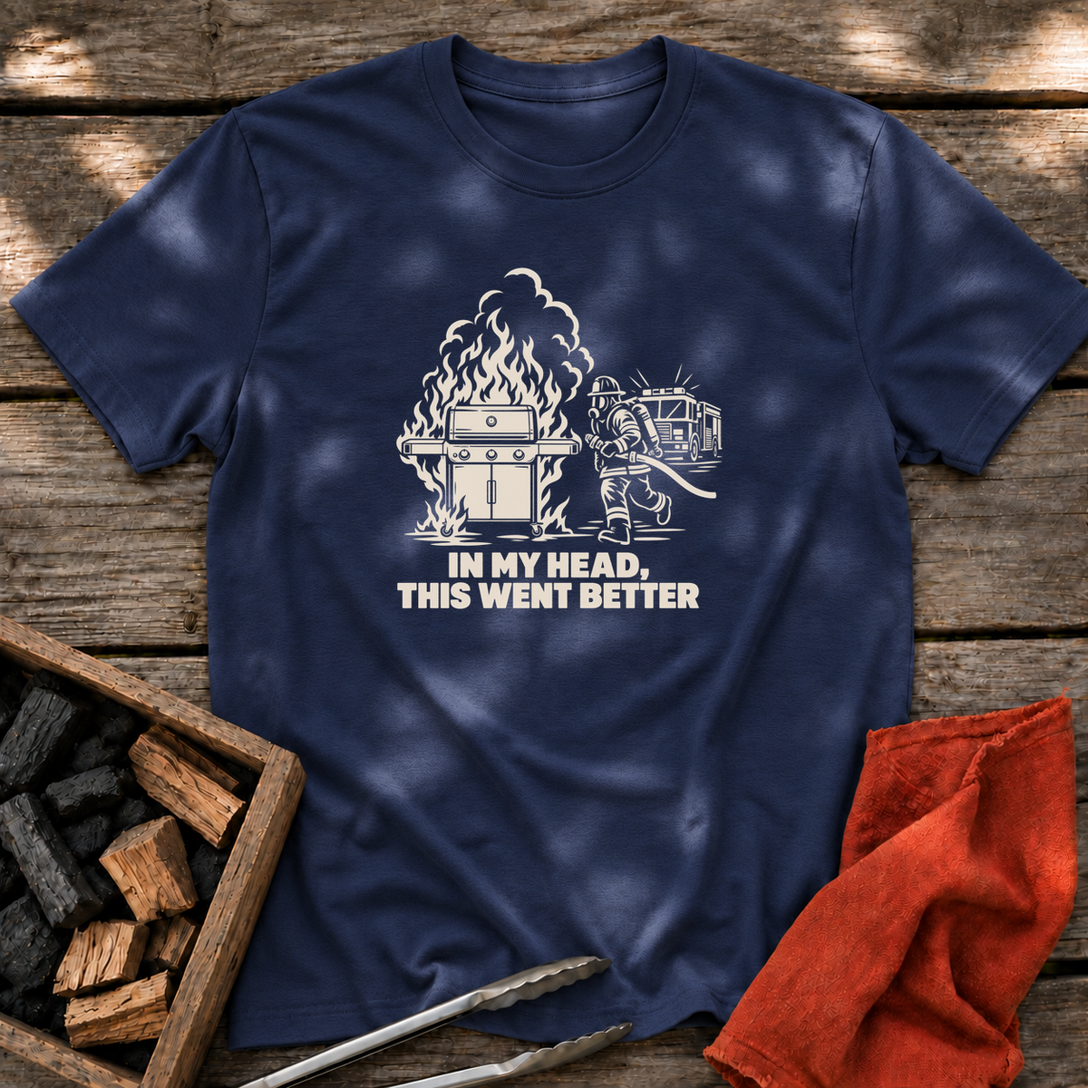 Navy T-shirt with the design “IN MY HEAD, THIS WENT BETTER” printed on the front.