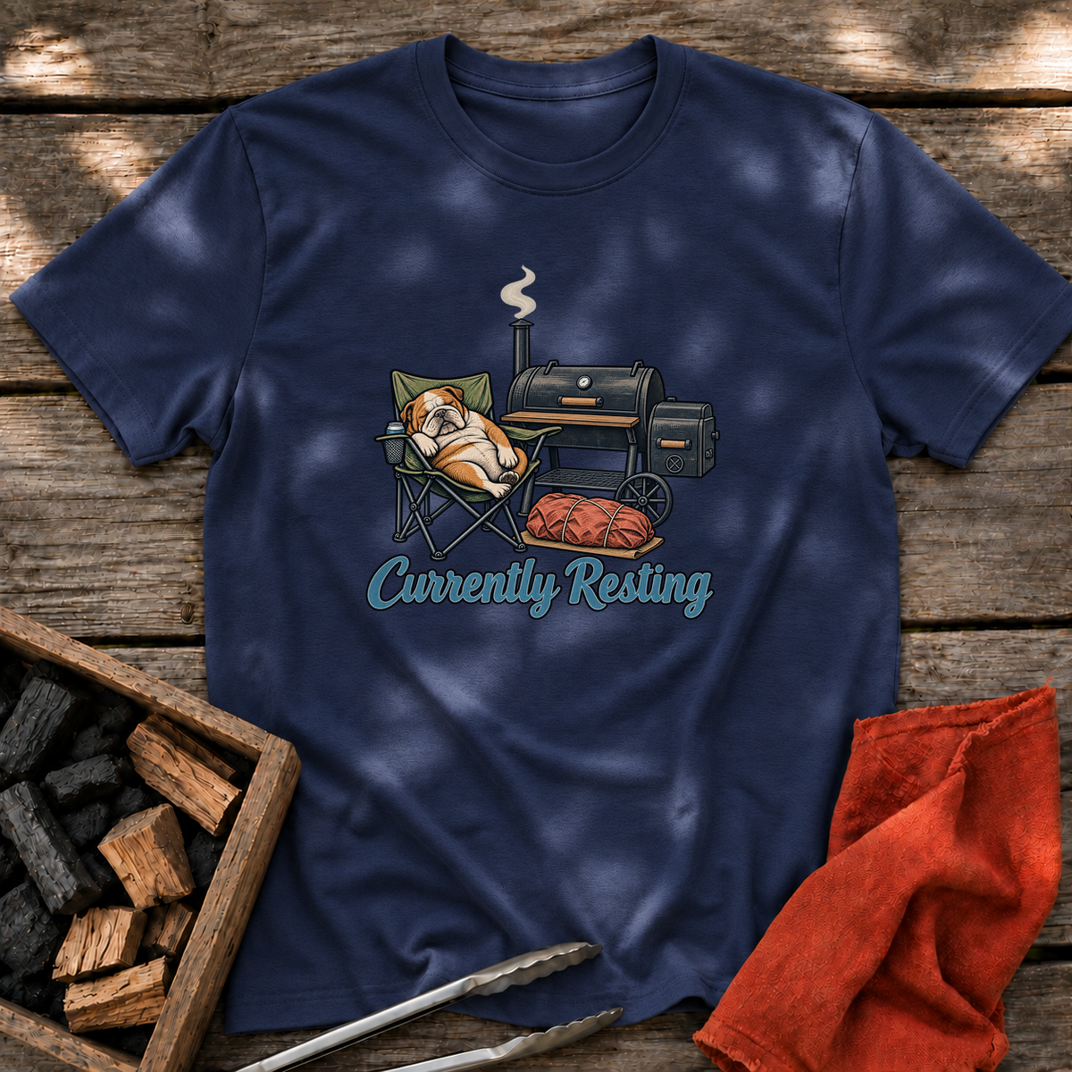 Navy T-shirt with the design “Currently Resting” printed on the front.