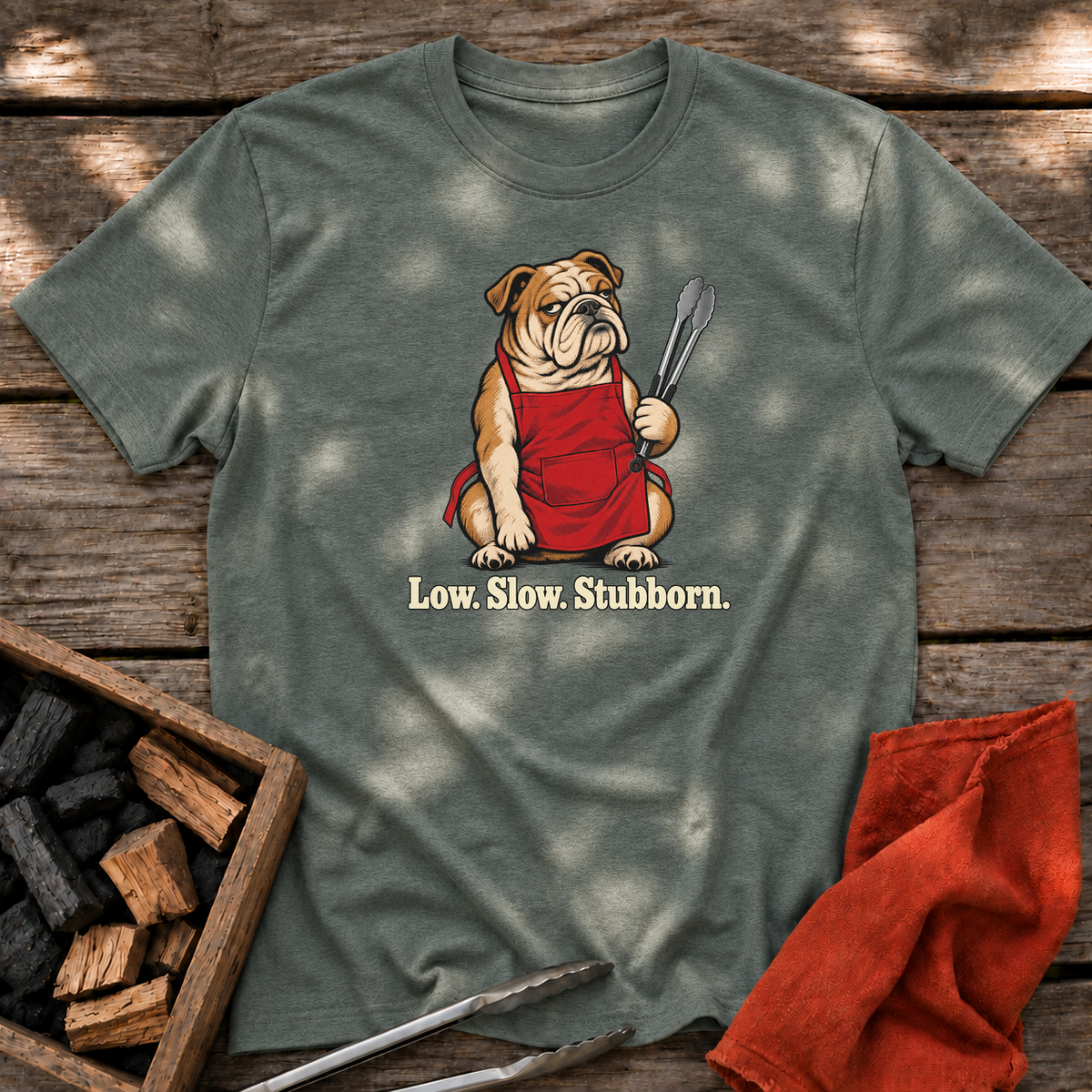 Heather Military Green T-shirt with the design “Low. Slow. Stubborn.” printed on the front.