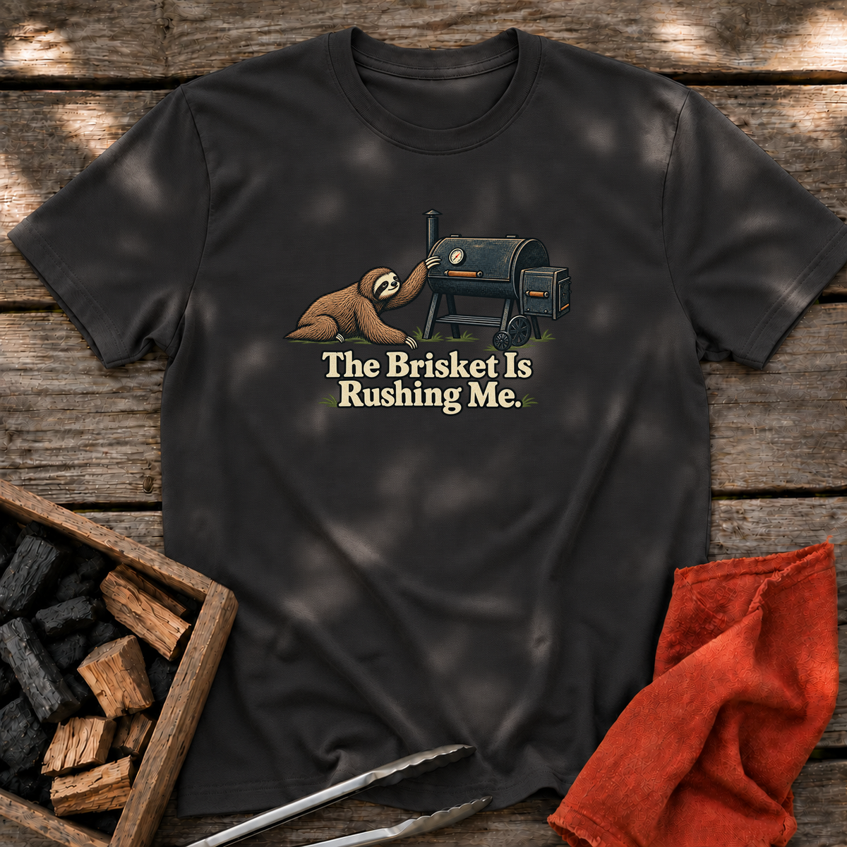 Black T-shirt with the design “The Brisket Is Rushing Me.” printed on the front.