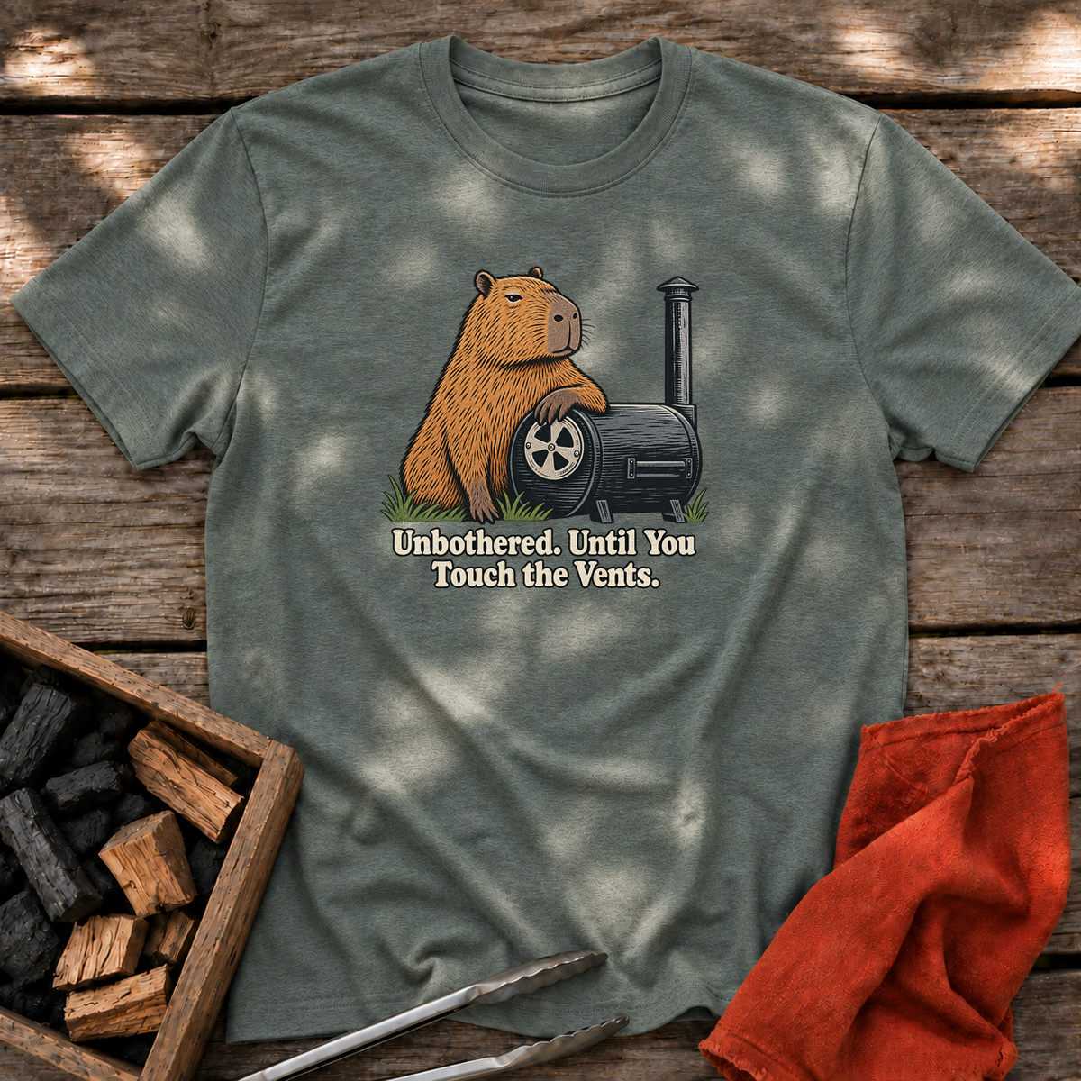 Heather Military Green T-shirt with the design “Unbothered. Until You Touch the Vents.” printed on the front.