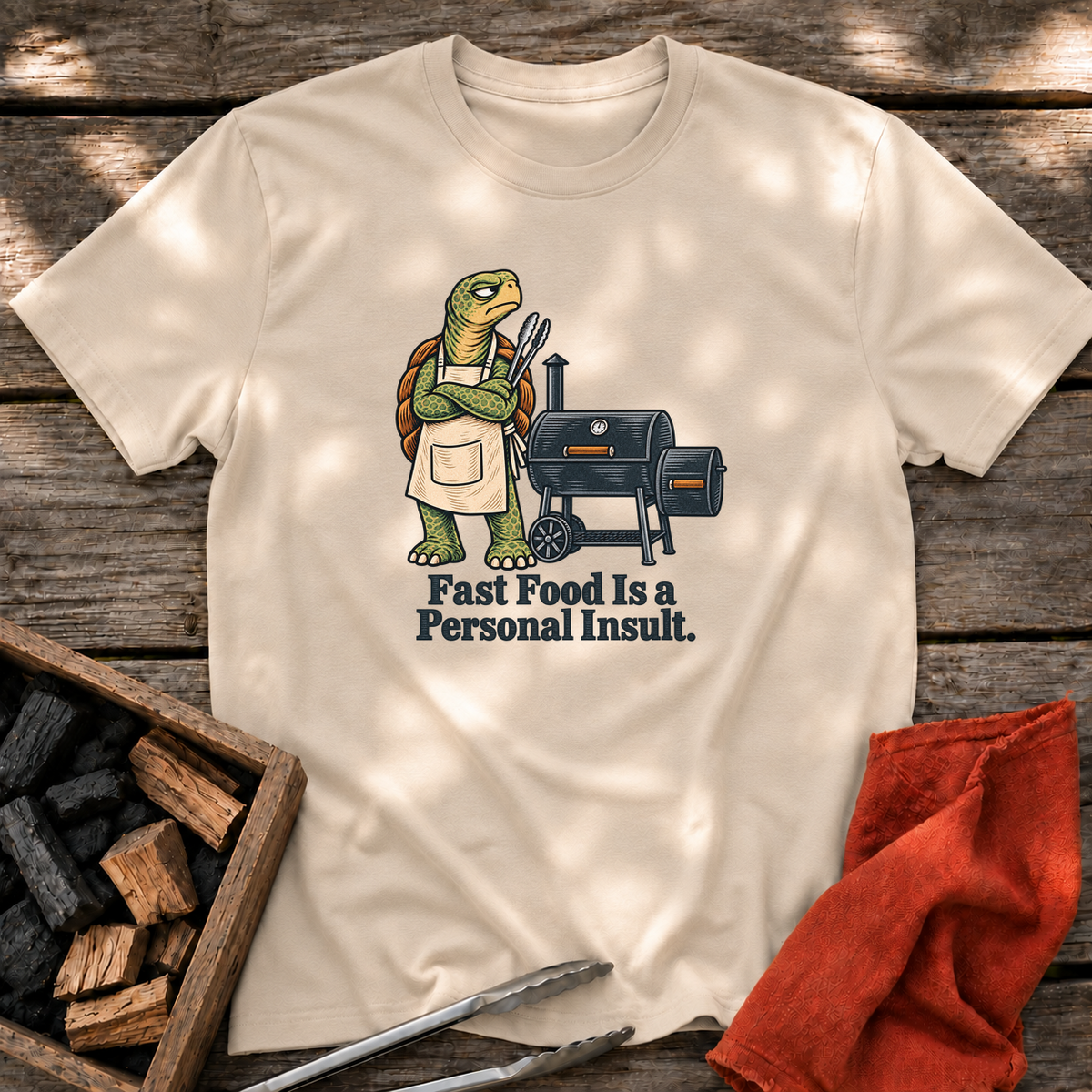 Sand T-shirt with the design “Fast Food Is a Personal Insult.” printed on the front.