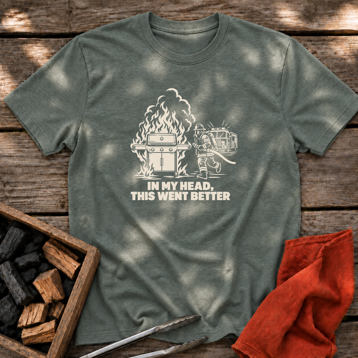 Heather Military Green T-shirt with the design “IN MY HEAD, THIS WENT BETTER” printed on the front.