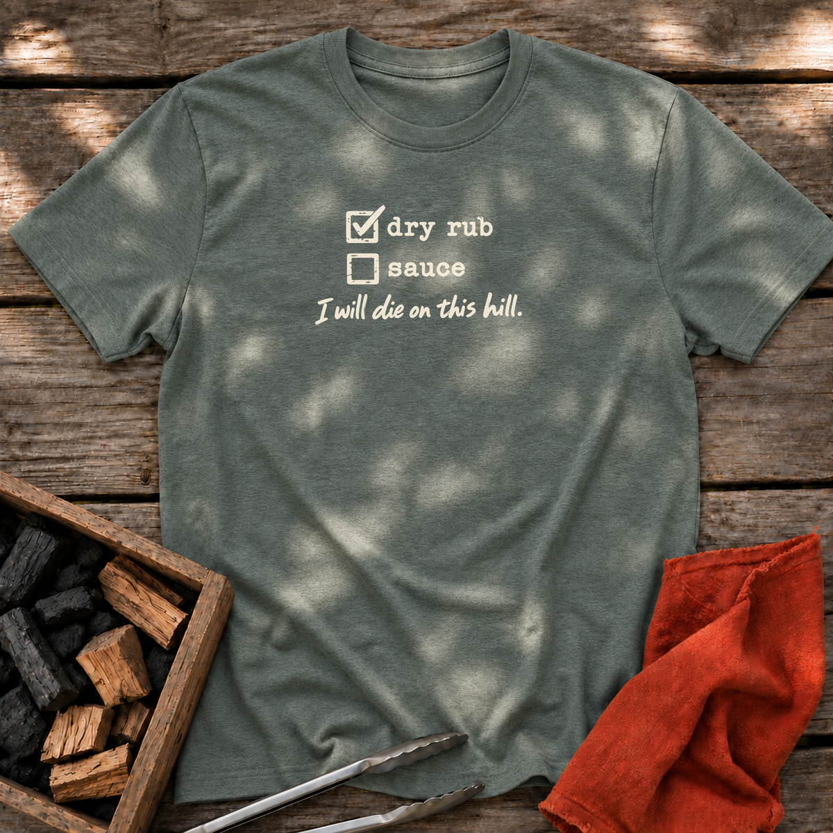 Heather Military Green T-shirt with the design “I will die on this hill.” printed on the front.