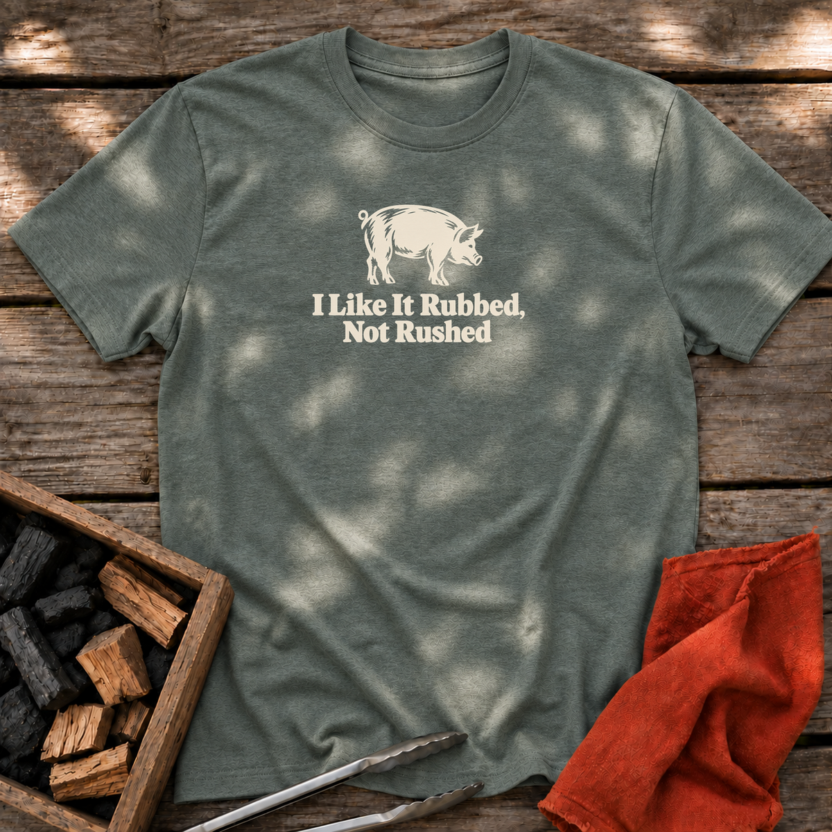 Heather Military Green T-shirt with the design “I Like It Rubbed, Not Rushed” printed on the front.