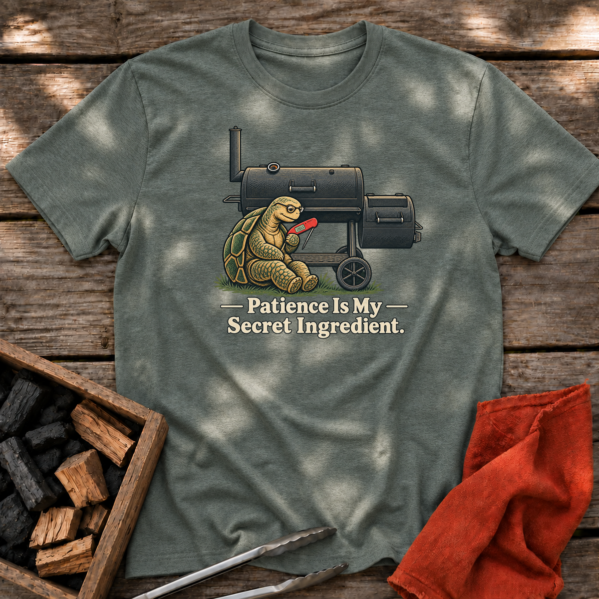 Heather Military Green T-shirt with the design “Patience Is My Secret Ingredient.” printed on the front.