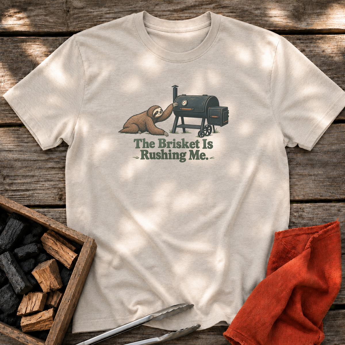 Natural T-shirt with the design “The Brisket Is Rushing Me.” printed on the front.