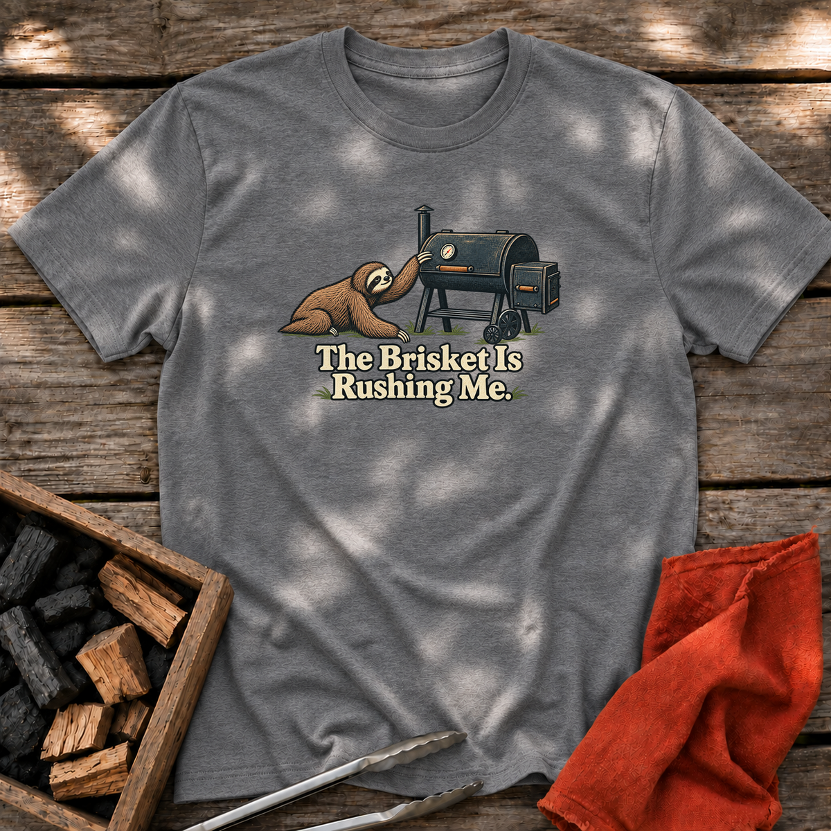 Graphite Heather T-shirt with the design “The Brisket Is Rushing Me.” printed on the front.