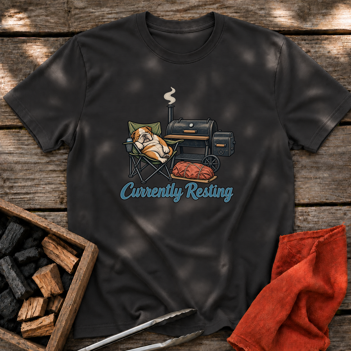 Black T-shirt with the design “Currently Resting” printed on the front.