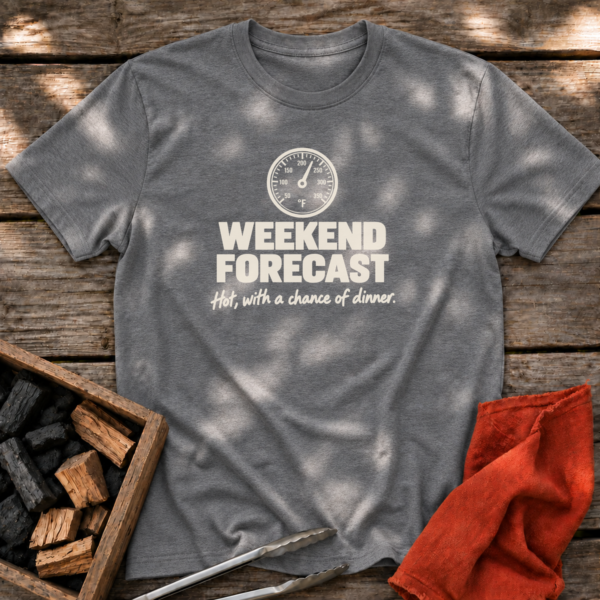 Graphite Heather T-shirt with the design “Weekend forecast: Hot, with a chance of dinner.” printed on the front.