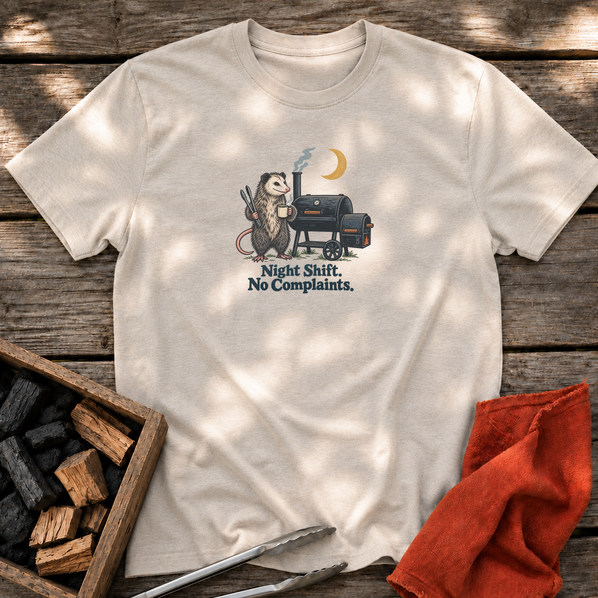 Natural T-shirt with the design “Night Shift. No Complaints.” printed on the front.