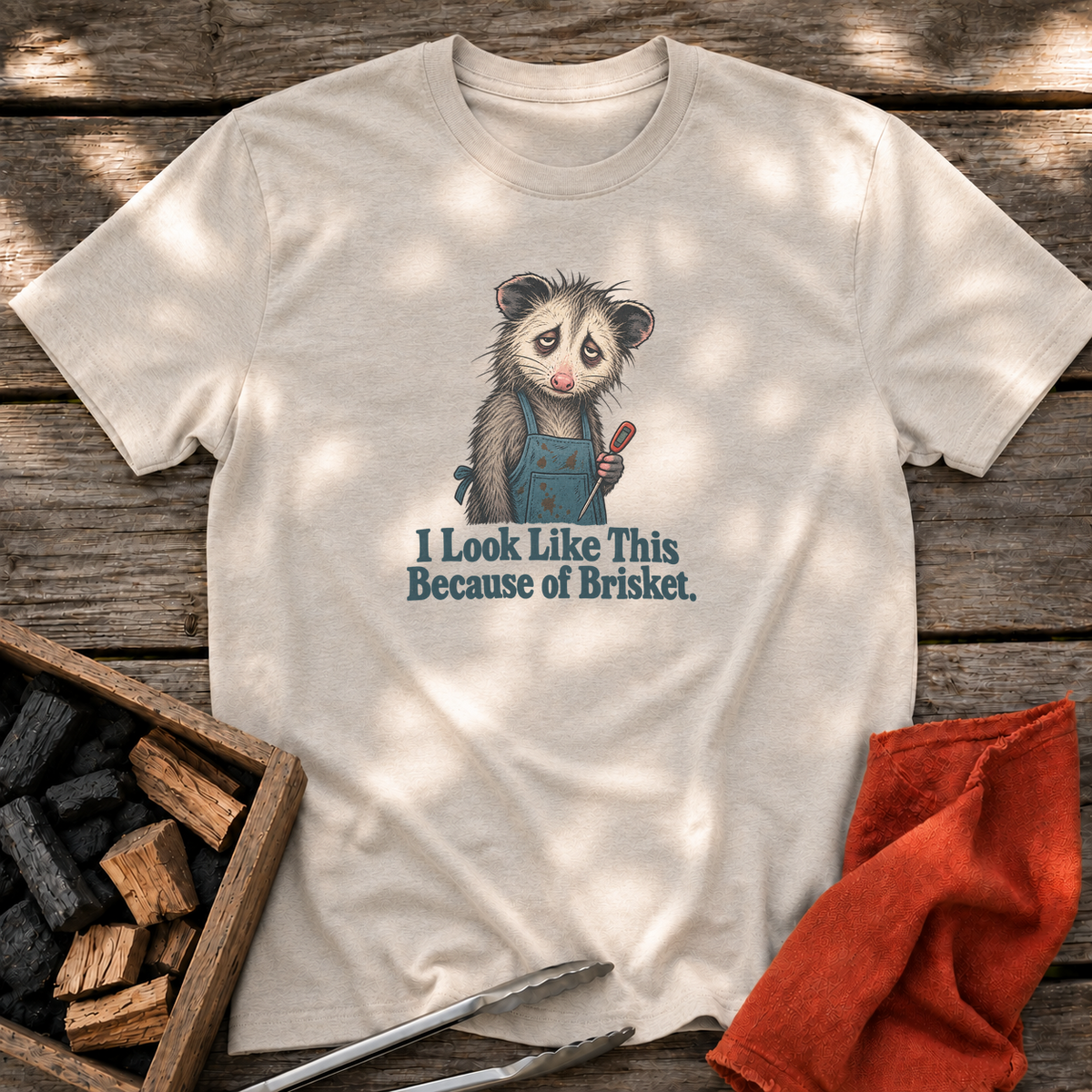 Natural T-shirt with the design “I Look Like This Because of Brisket.” printed on the front.