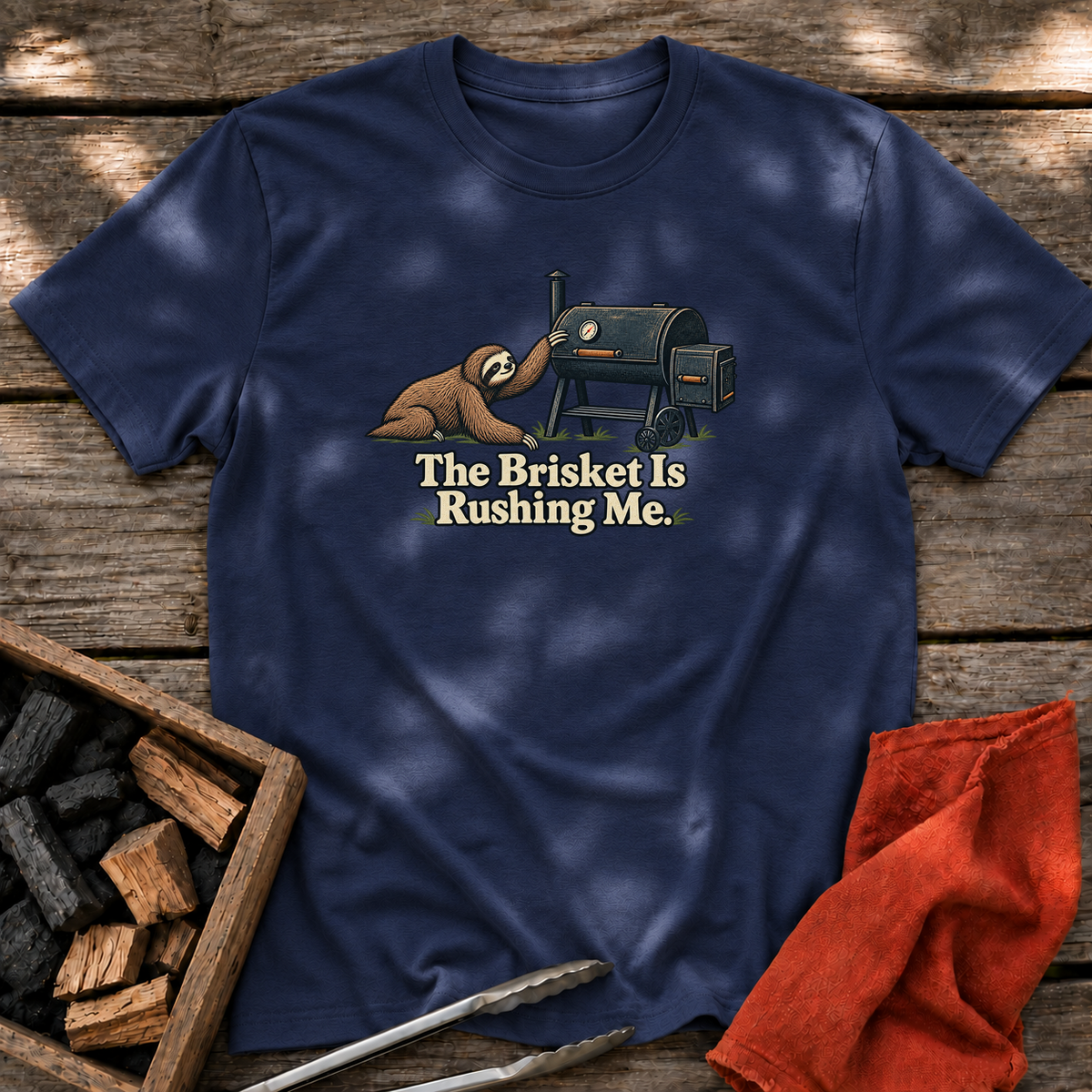 Navy T-shirt with the design “The Brisket Is Rushing Me.” printed on the front.
