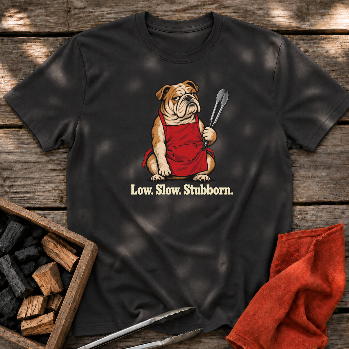 Black T-shirt with the design “Low. Slow. Stubborn.” printed on the front.