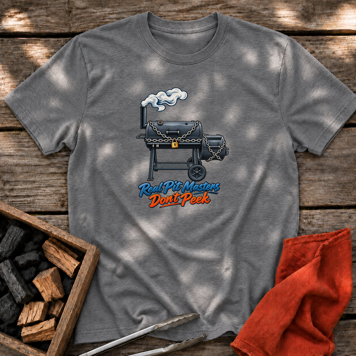 Graphite Heather T-shirt with the design “Real Pit Masters Don't Peek” printed on the front.