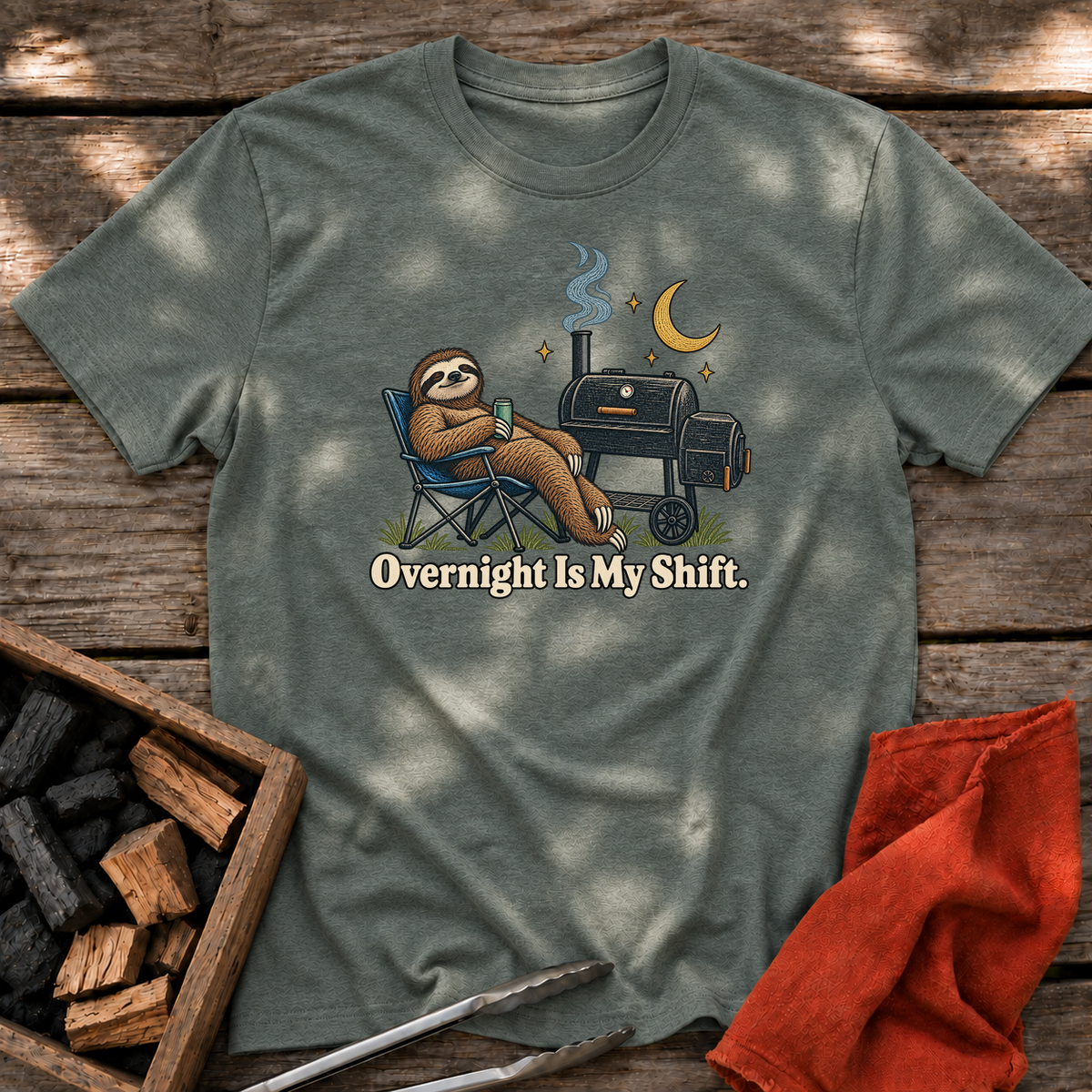 Heather Military Green T-shirt with the design “Overnight Is My Shift.” printed on the front.