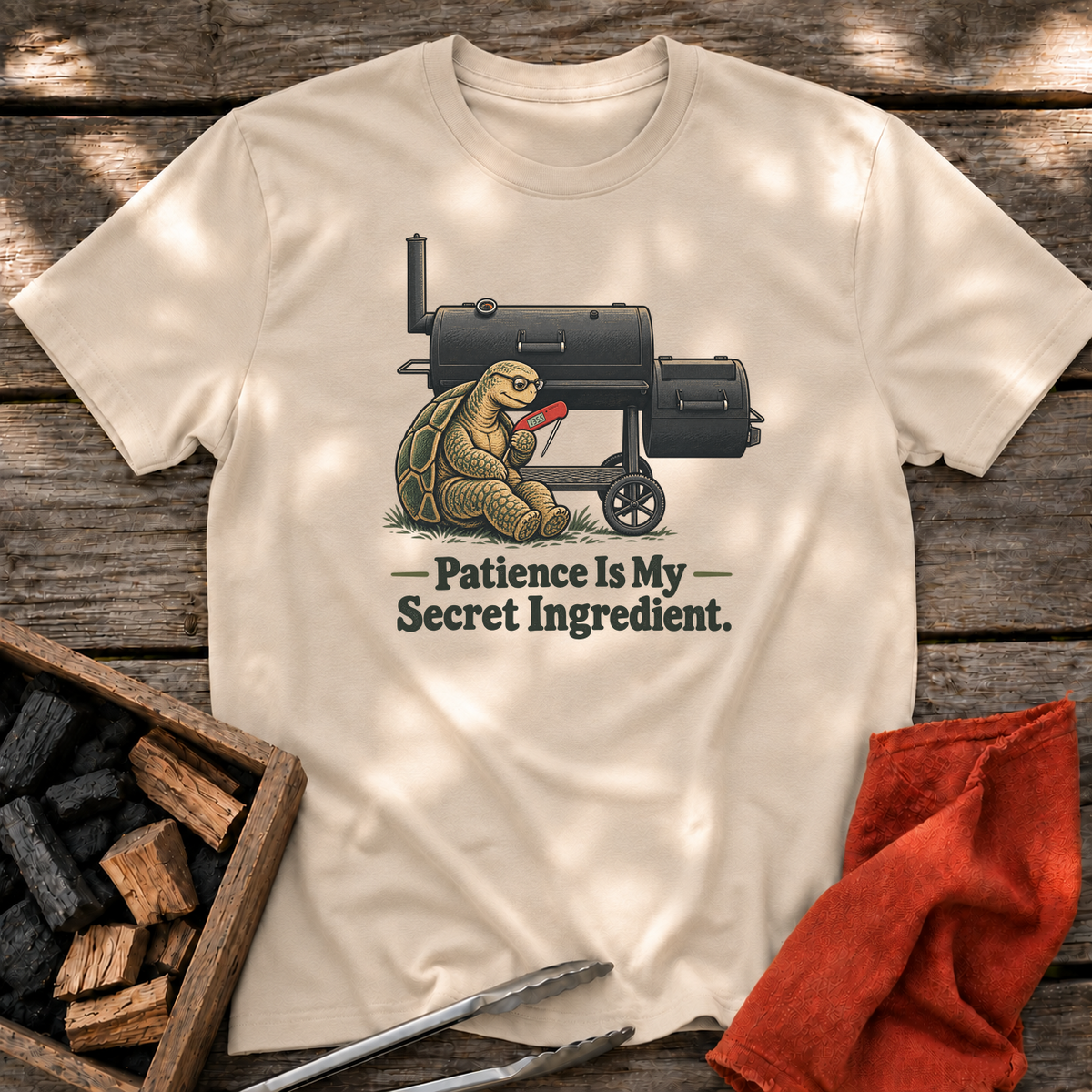 Sand T-shirt with the design “Patience Is My Secret Ingredient.” printed on the front.