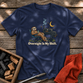 Navy T-shirt with the design “Overnight Is My Shift.” printed on the front.