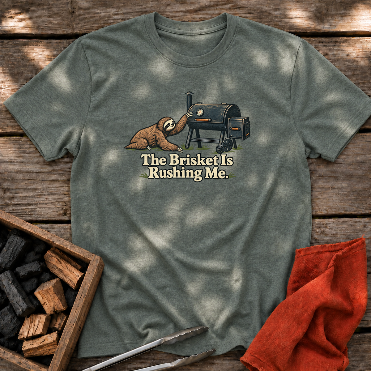 Heather Military Green T-shirt with the design “The Brisket Is Rushing Me.” printed on the front.
