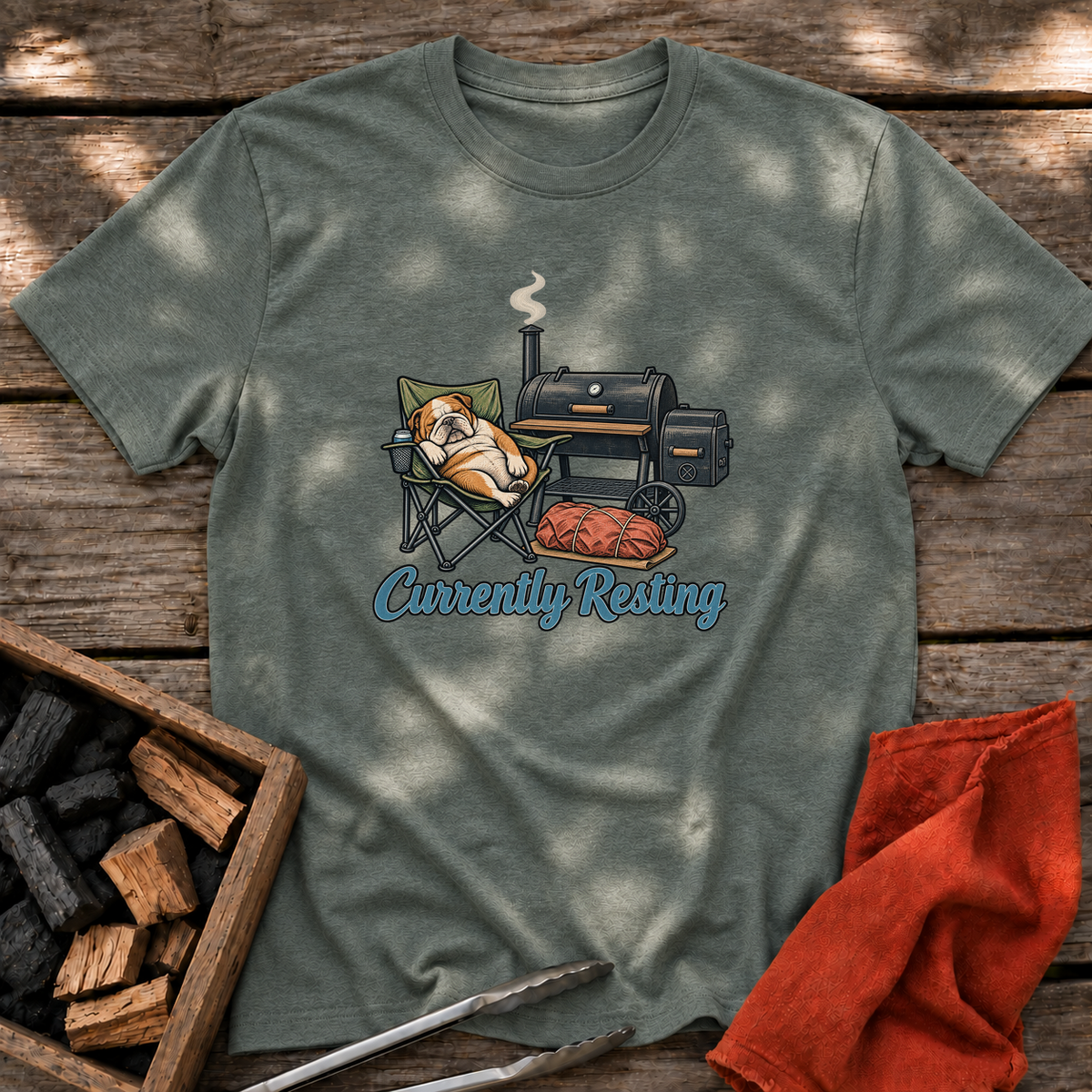 Heather Military Green T-shirt with the design “Currently Resting” printed on the front.