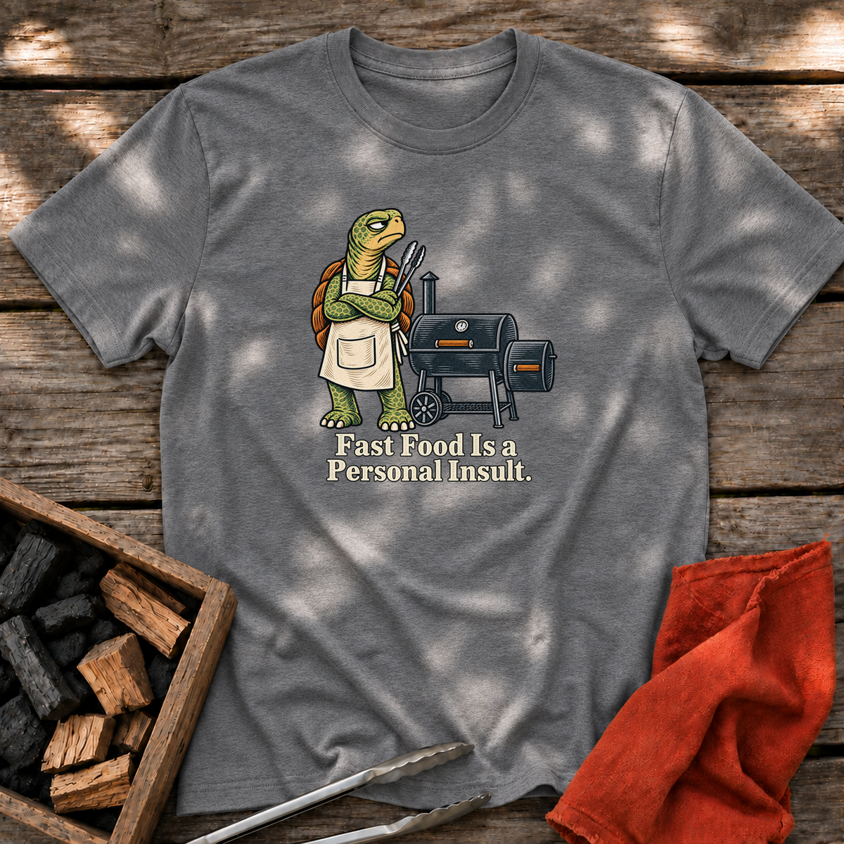 Graphite Heather T-shirt with the design “Fast Food Is a Personal Insult.” printed on the front.