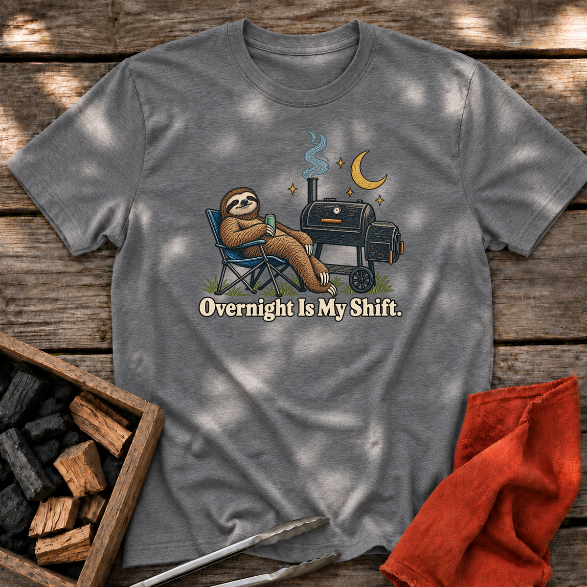 Graphite Heather T-shirt with the design “Overnight Is My Shift.” printed on the front.