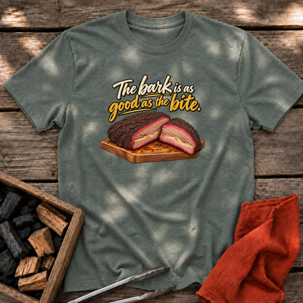 Heather Military Green T-shirt with the design “The bark is as good as the bite.” printed on the front.