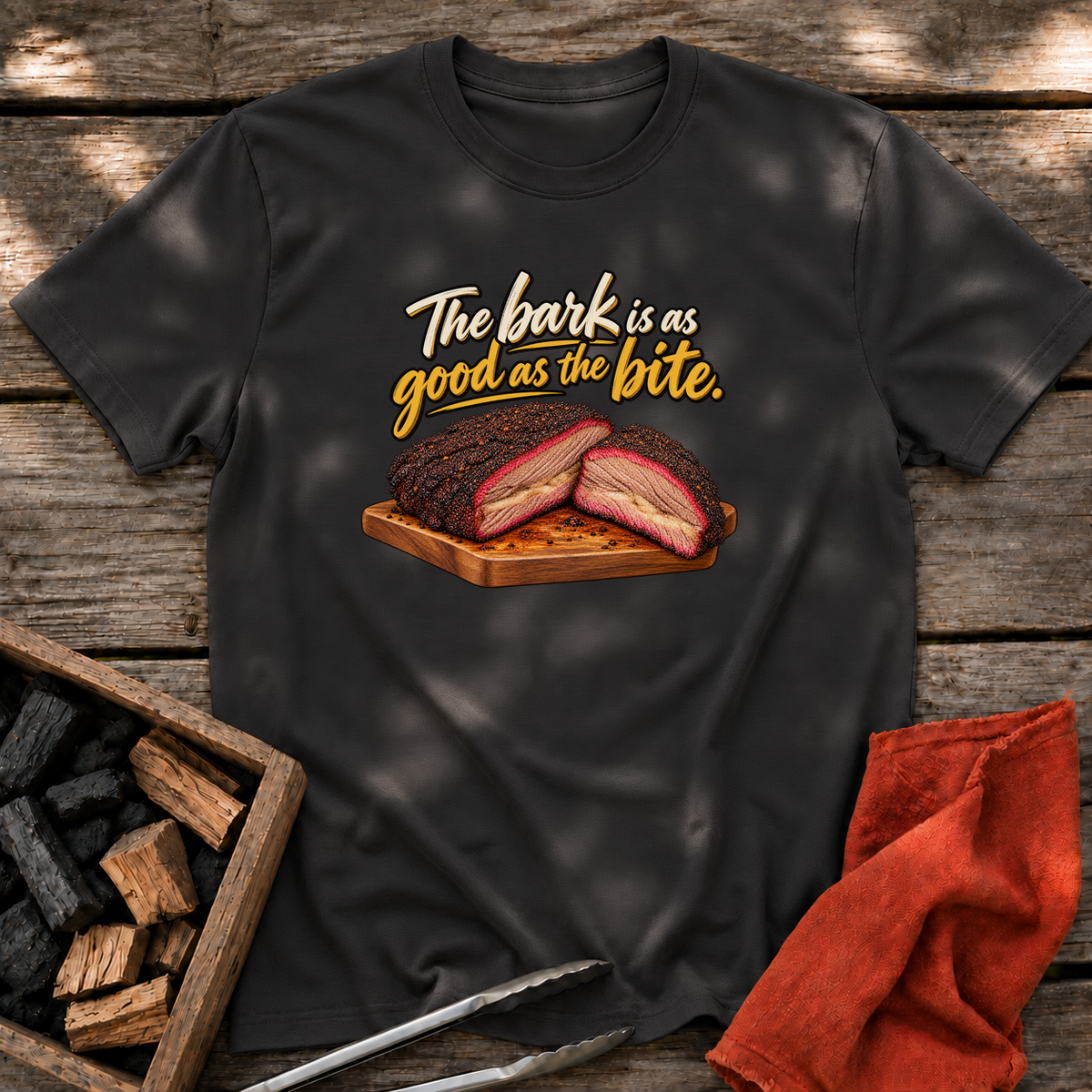 Black T-shirt with the design “The bark is as good as the bite.” printed on the front.