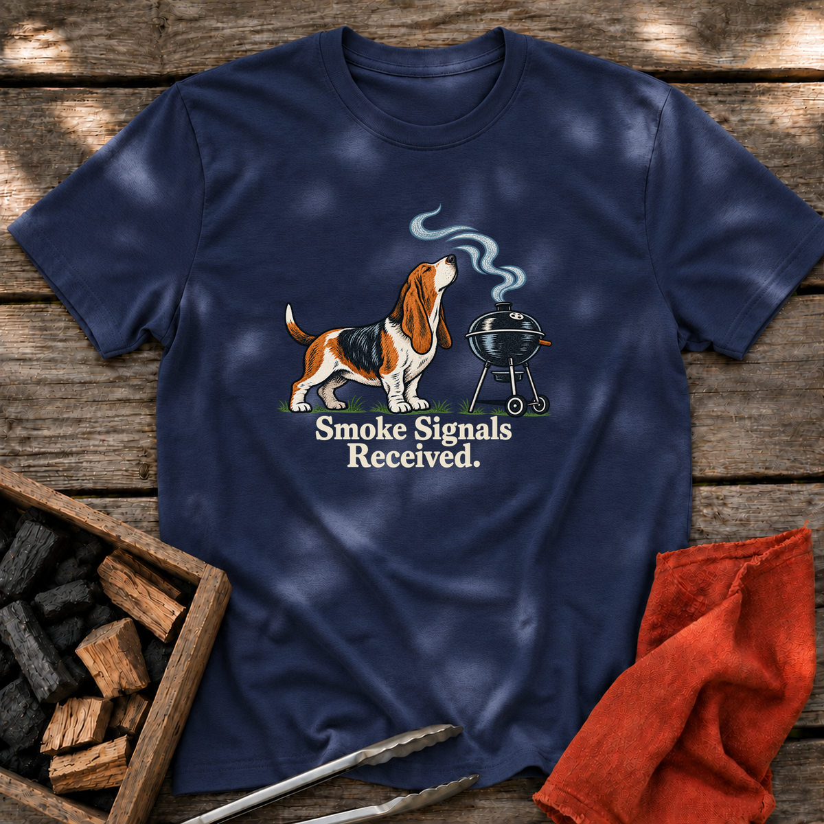 Navy T-shirt with the design “Smoke Signals Received.” printed on the front.