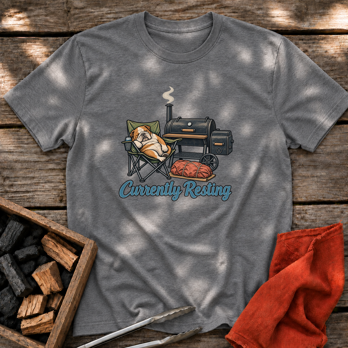 Graphite Heather T-shirt with the design “Currently Resting” printed on the front.