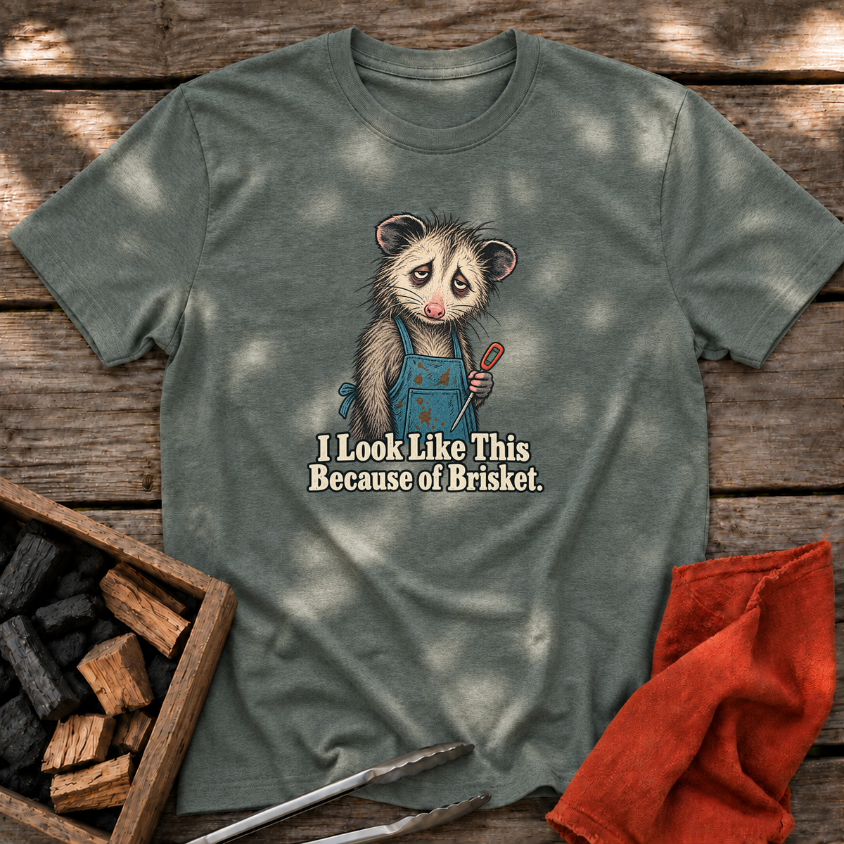 Heather Military Green T-shirt with the design “I Look Like This Because of Brisket.” printed on the front.