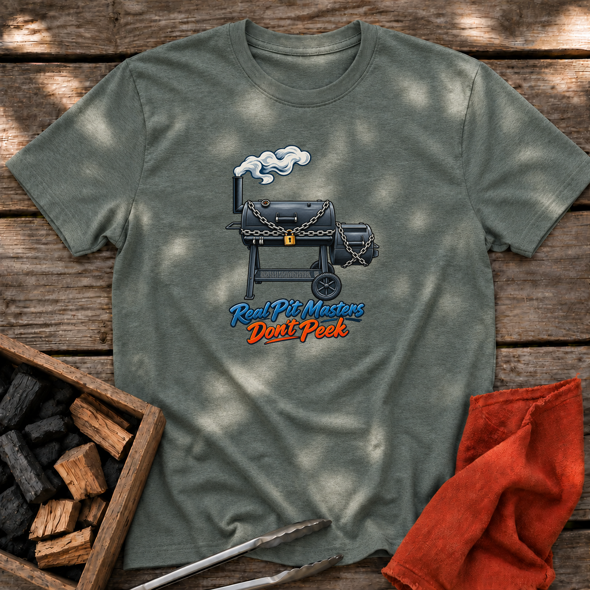 Heather Military Green T-shirt with the design “Real Pit Masters Don't Peek” printed on the front.