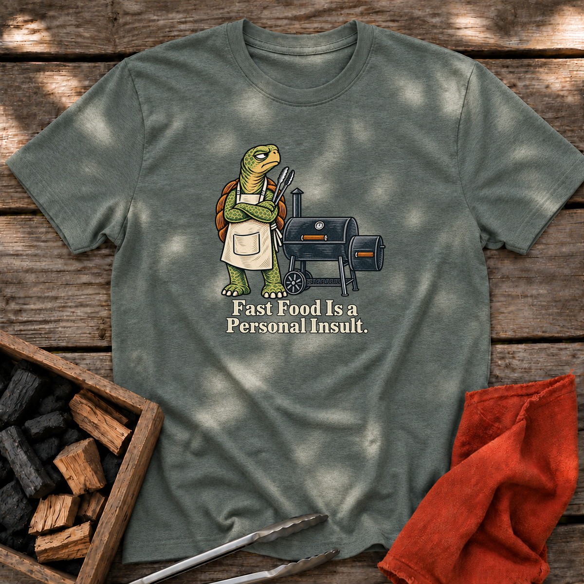 Heather Military Green T-shirt with the design “Fast Food Is a Personal Insult.” printed on the front.