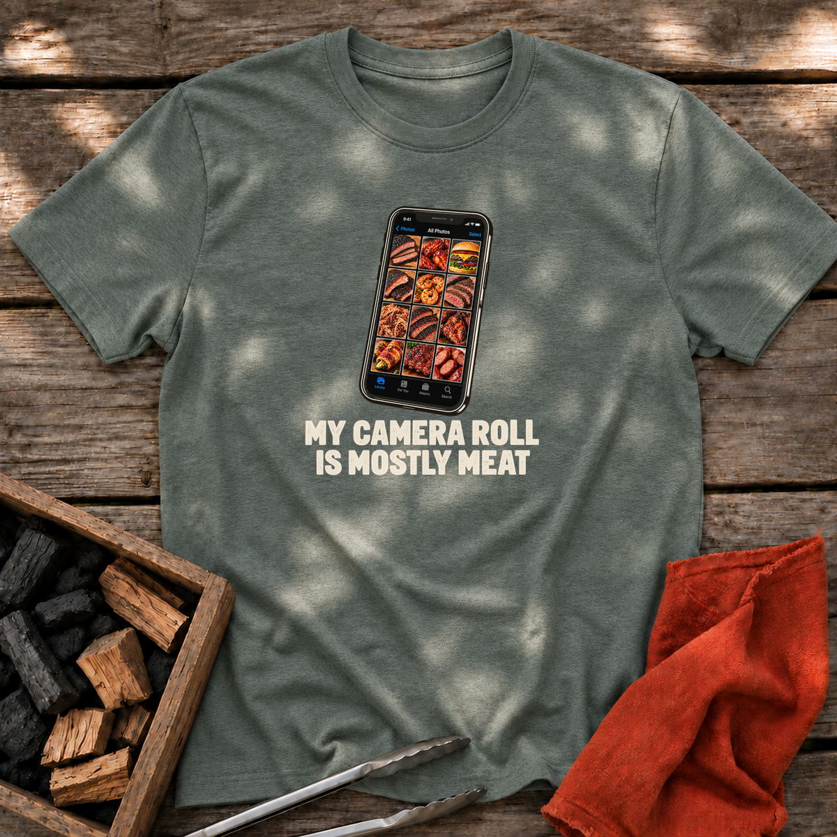 Heather Military Green T-shirt with the design “MY CAMERA ROLL IS MOSTLY MEAT” printed on the front.