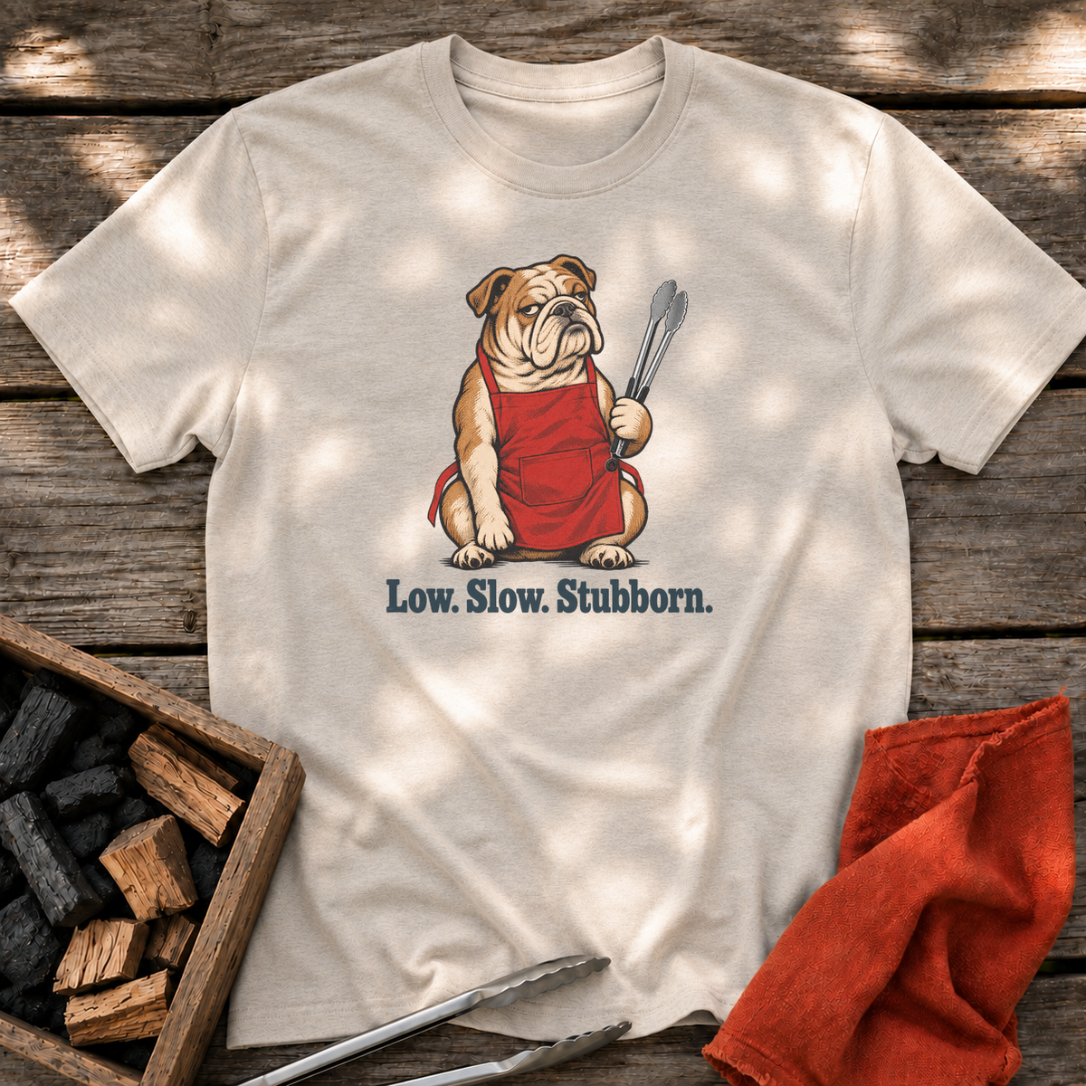 Natural T-shirt with the design “Low. Slow. Stubborn.” printed on the front.