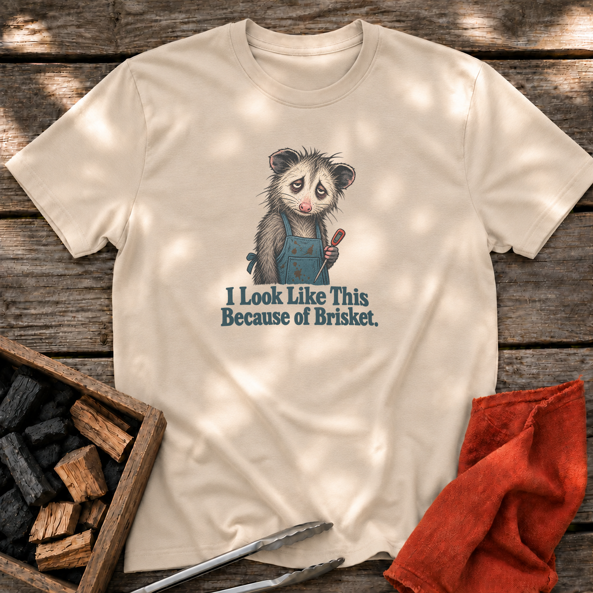 Sand T-shirt with the design “I Look Like This Because of Brisket.” printed on the front.