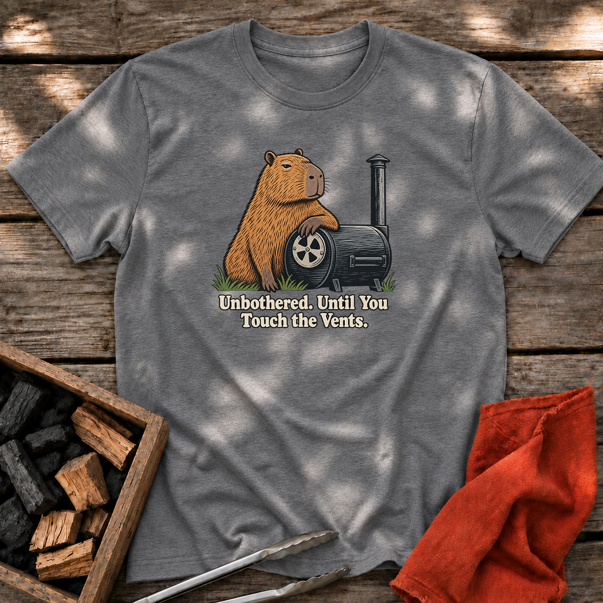 Graphite Heather T-shirt with the design “Unbothered. Until You Touch the Vents.” printed on the front.