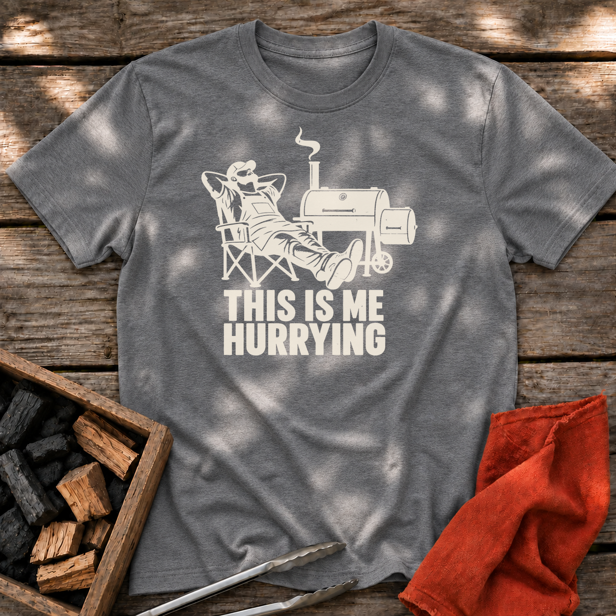 Graphite Heather T-shirt with the design “THIS IS ME HURRYING” printed on the front.