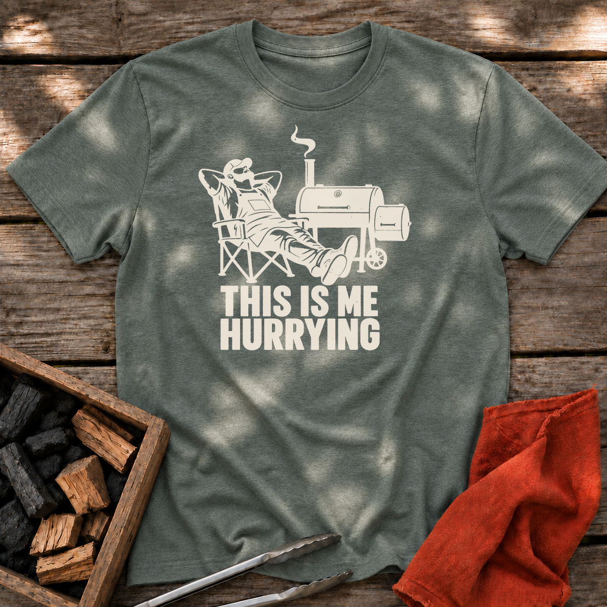 Heather Military Green T-shirt with the design “THIS IS ME HURRYING” printed on the front.