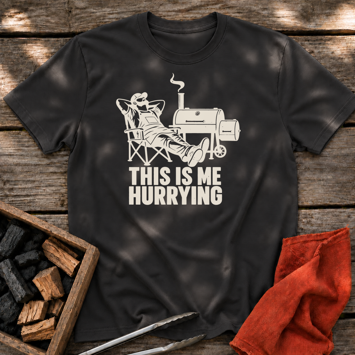 Black T-shirt with the design “THIS IS ME HURRYING” printed on the front.