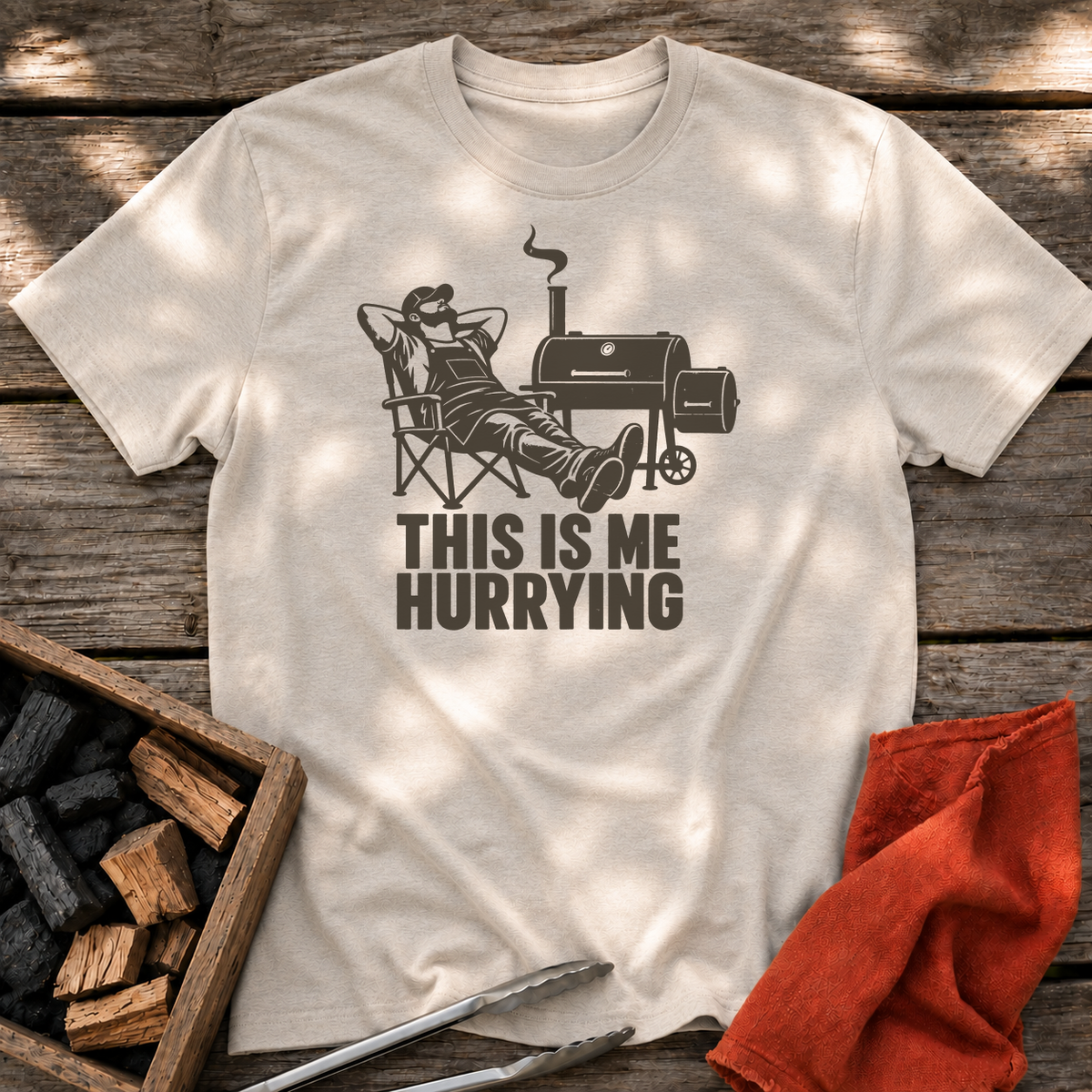 Natural T-shirt with the design “THIS IS ME HURRYING” printed on the front.