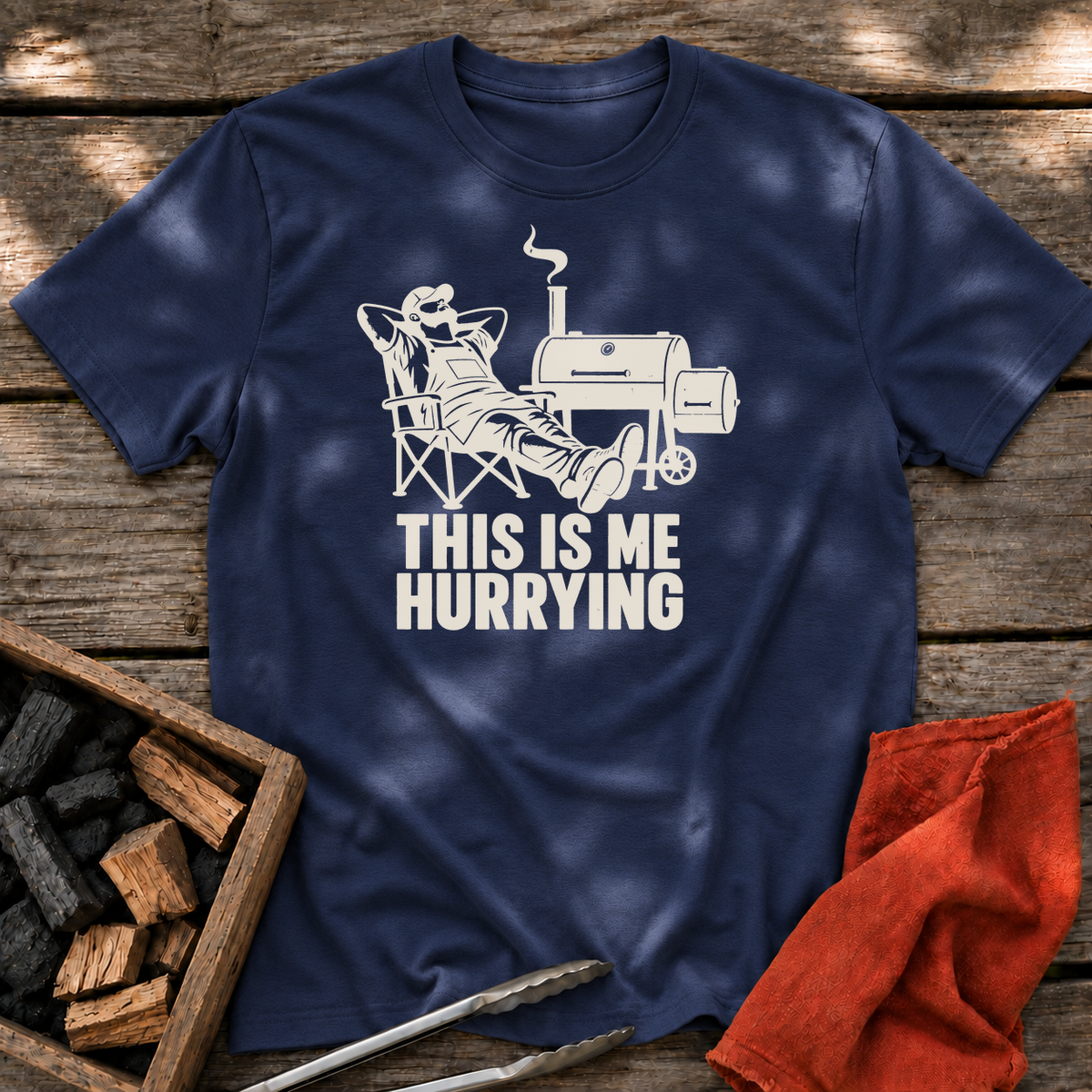 Navy T-shirt with the design “THIS IS ME HURRYING” printed on the front.