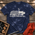 Navy T-shirt with the design “My Wood Pile is Bigger Than Yours” printed on the front.