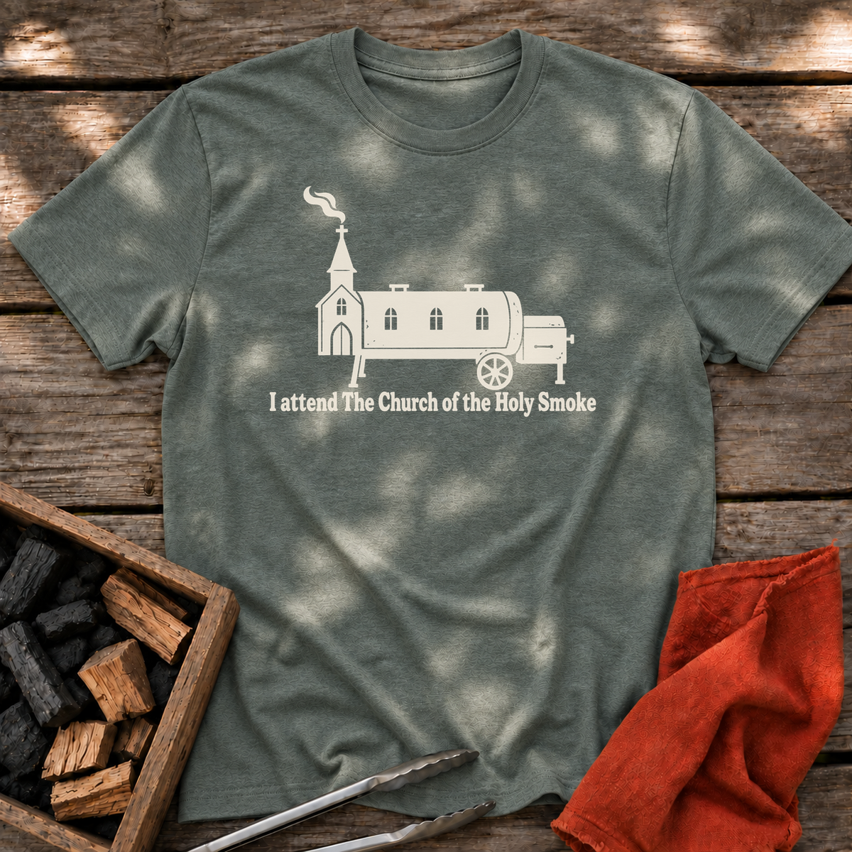 Heather Military Green T-shirt with the design “I attend The Church of the Holy Smoke” printed on the front.