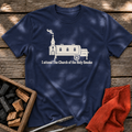 Navy T-shirt with the design “I attend The Church of the Holy Smoke” printed on the front.