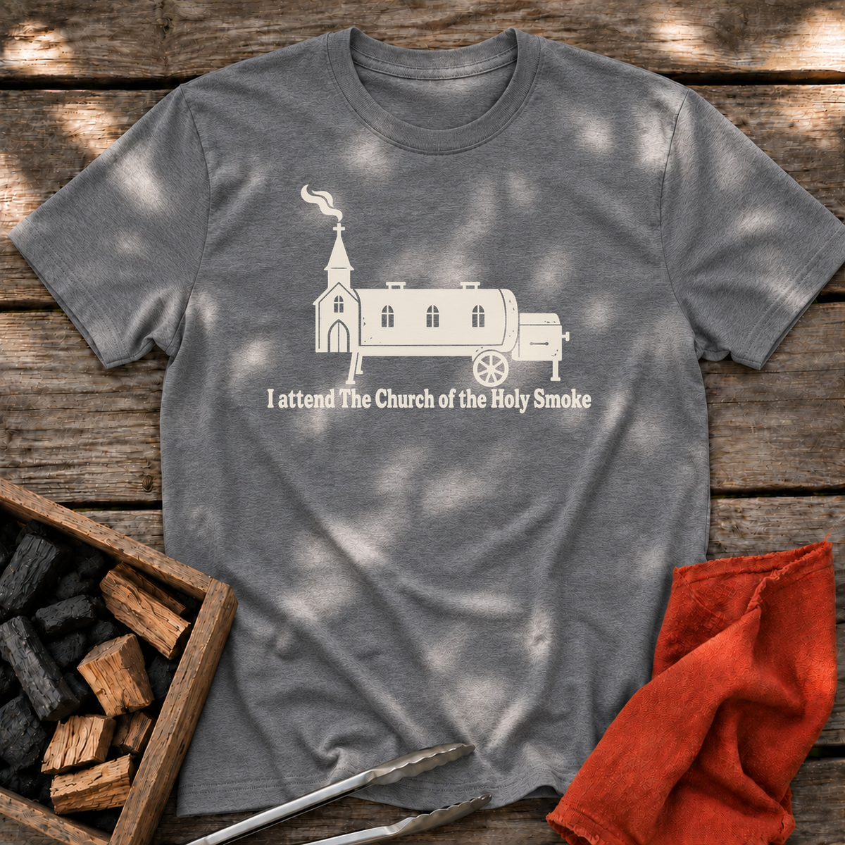 Graphite Heather T-shirt with the design “I attend The Church of the Holy Smoke” printed on the front.