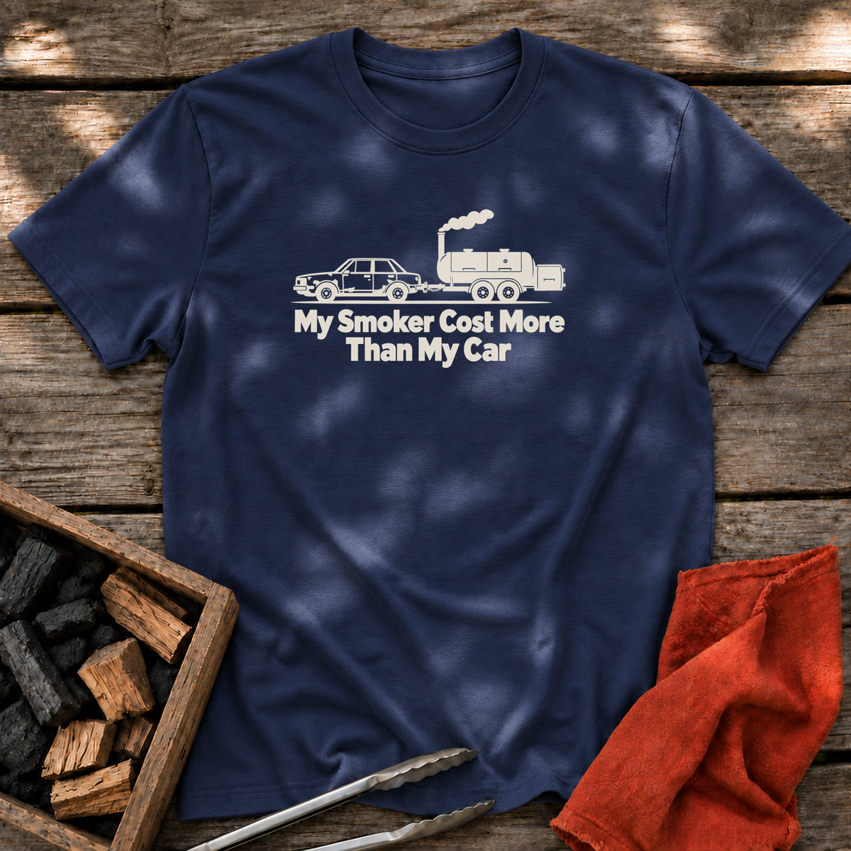 Navy T-shirt with the design “My Smoker Cost More Than My Car” printed on the front.