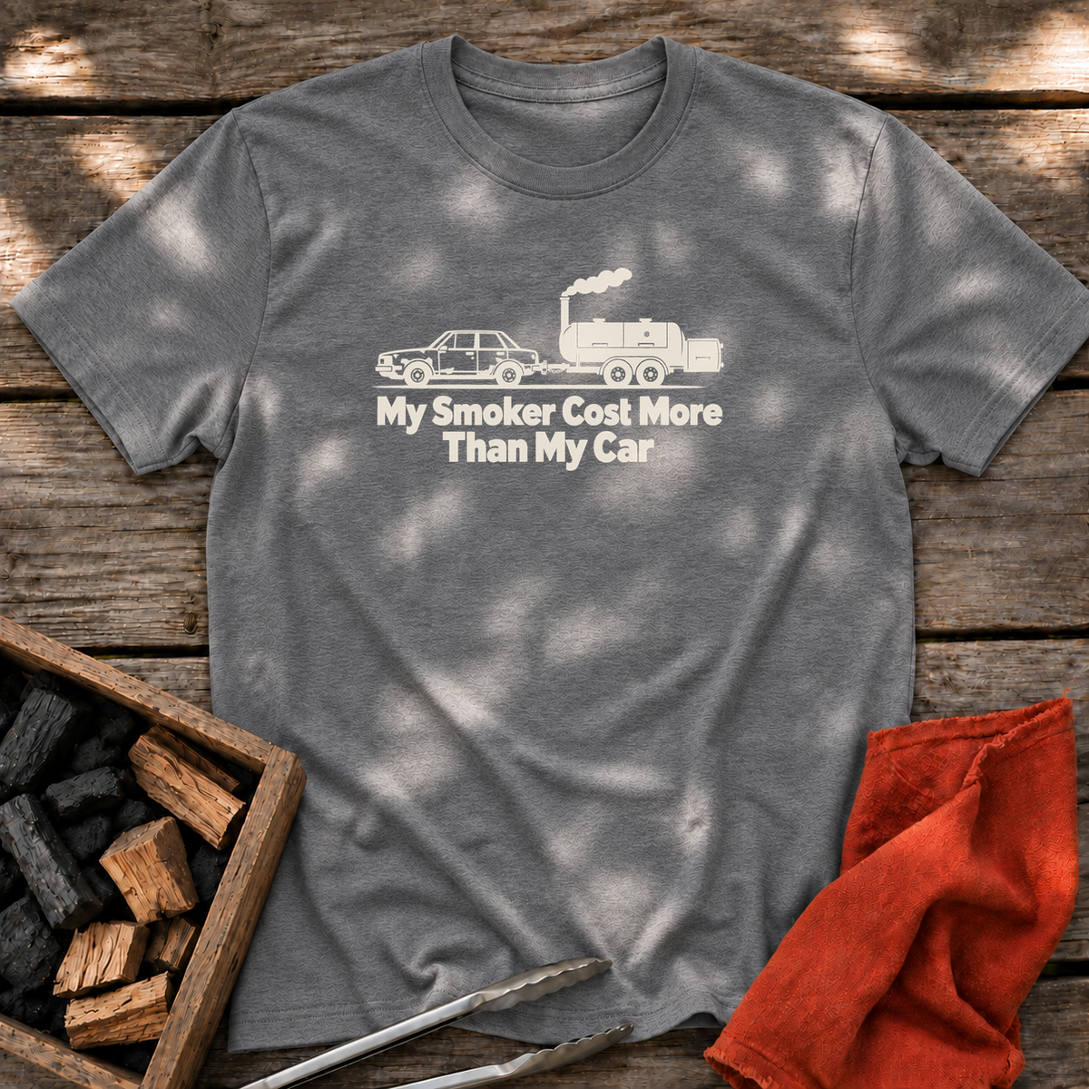 Graphite Heather T-shirt with the design “My Smoker Cost More Than My Car” printed on the front.