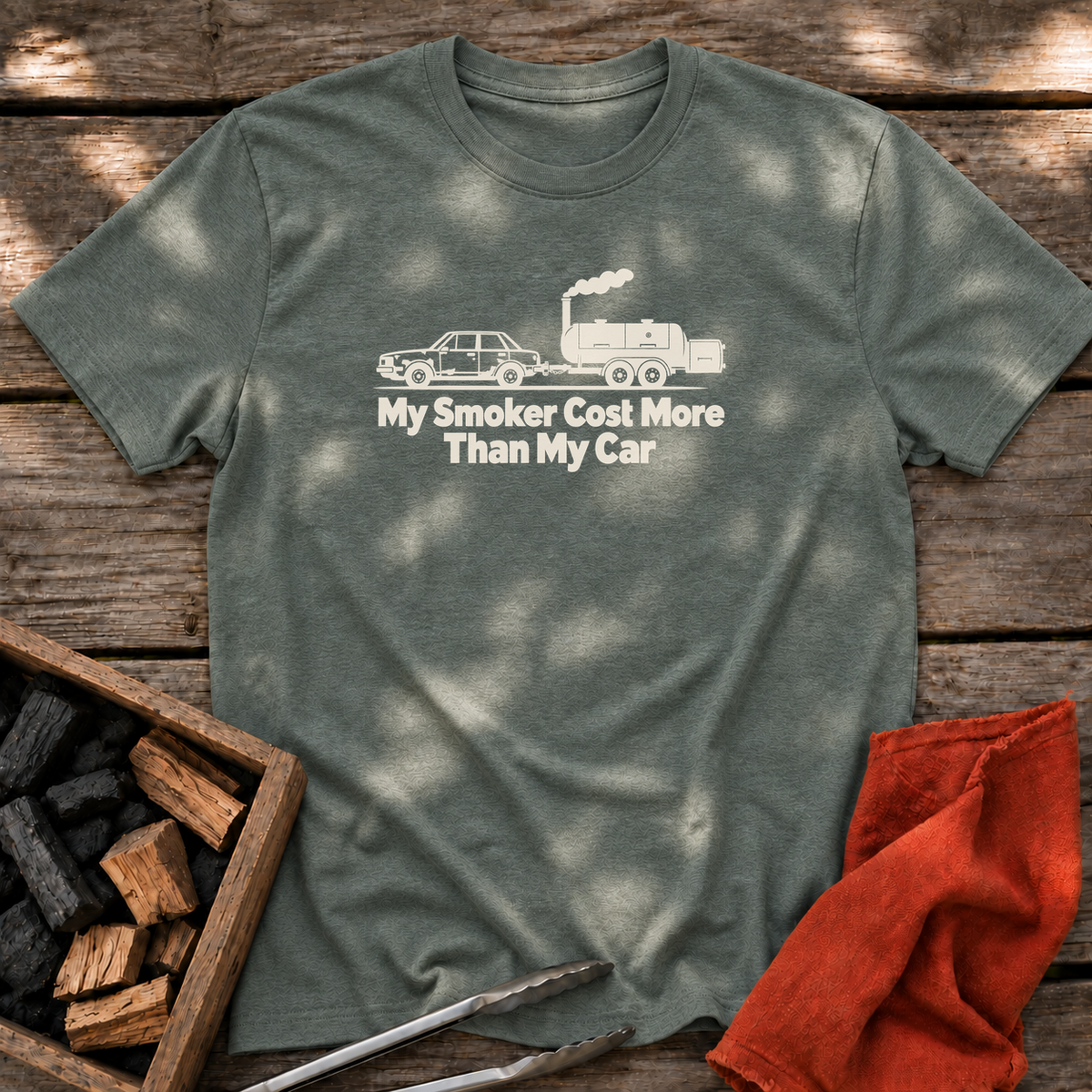 Heather Military Green T-shirt with the design “My Smoker Cost More Than My Car” printed on the front.