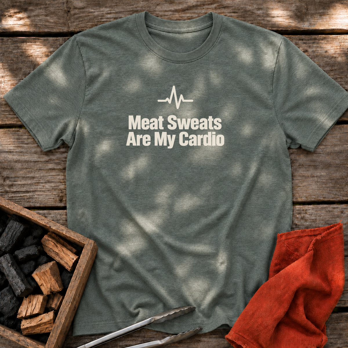 Heather Military Green T-shirt with the design “Meat Sweats Are My Cardio” printed on the front.